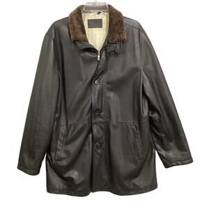 Longhi Leather Coat Mens L 52 Classic Jacket Removable Shearling Collar Luxury
